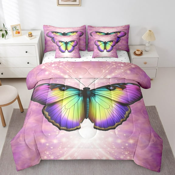 Erosebridal Dreamy Butterfly Bed in a Bag Queen Size, Purple Galaxy Bed Set, Girly Bling Print Bed Sheets Setp with Comforter, Ultra Soft Room Decorative, Reversible 7 Pieces