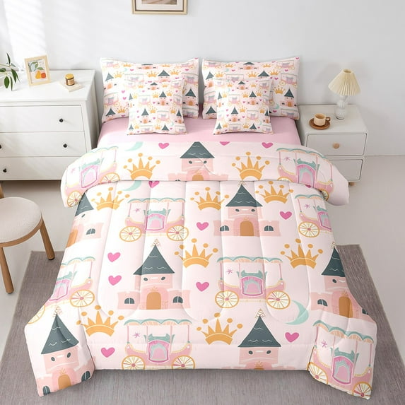 Erosebridal Dreamy Castle Bedding, Kawaii Princess Bed in a Bag, Pumpkin Cart Reversible Bed Set, Microfiber Room Decoration, 7pcs
