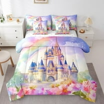 Erosebridal Dreamy Castle Bedding, Kawaii Rainbow Bed in a Bag, Watercolor Flower Reversible Bed Set, Breathable Bedroom Decorative, 7pcs