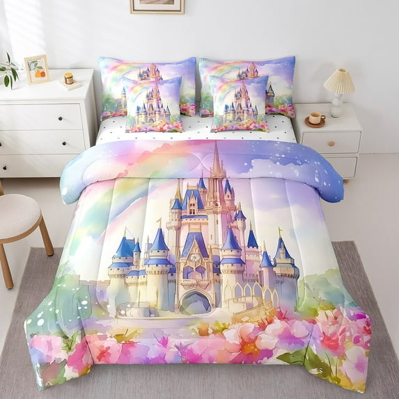 Erosebridal Dreamy Castle Bedding, Kawaii Rainbow Bed in a Bag, Watercolor Flower Reversible Bed Set, Breathable Bedroom Decorative, 7pcs