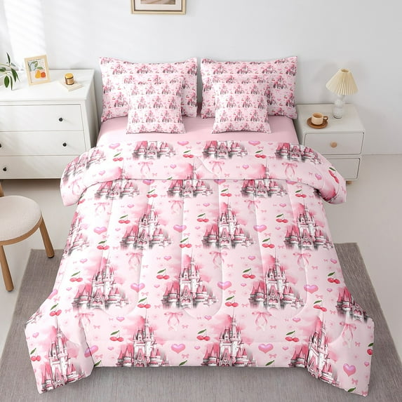 Erosebridal Dreamy Castle Bedding Sets Twin Size,Red Cherry Comforter Sets with Sheets,Ribbon Bow Love Bed in a Bag Twin Size For Princess,Microfiber Bedroom Decor Reversible,7-Piece