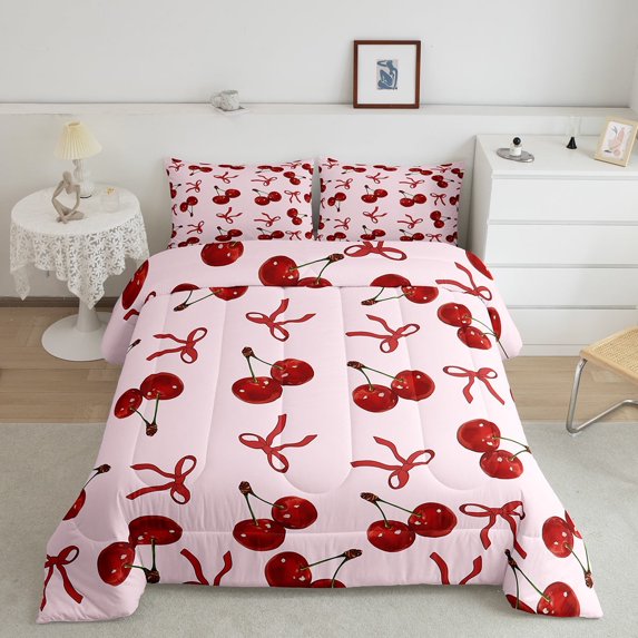 Erosebridal Dreamy Cherry Bedding Twin Comforter Set, Cartoon Bow Down Comforter, Princess Style Decor, Microfiber 2 Pieces