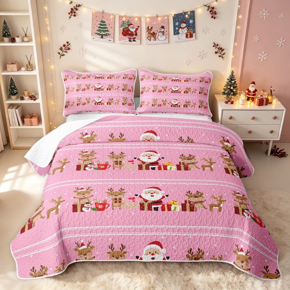 Erosebridal Dreamy Christmas Twin Quilt Set, Santa Reindeer Twin Coverlet Set, Rose Pink, 2pcs, 1 Bedspread and 1 Pillowcase