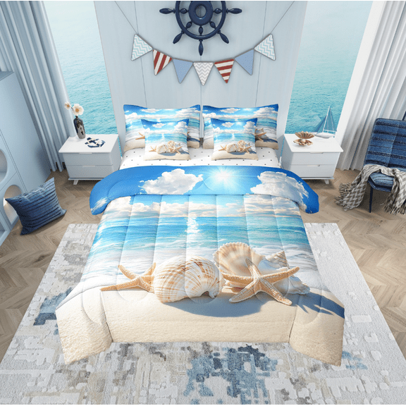 Erosebridal Dreamy Coastal Bedding Twin Size, Seashell Beach Bedding Sets Twin Size, Ocean Theme Reversible Bed Set, Ultra Soft Bedroom Decorative, 7pcs