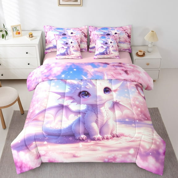 Erosebridal Dreamy Dragon Bed in a Bag Twin size, Kawaii Animal Bedding Twin Size, Cherry Blossoms Reversible Bed Set, Lightweight Bedroom Decor, 7-Piece
