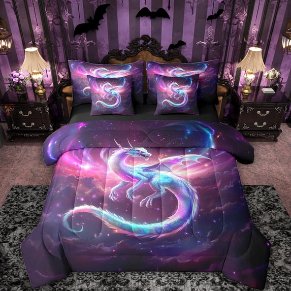 Erosebridal Dreamy Dragon Bedding Comforter Set for Kids, Purple Galaxy Queen Bedding Sets, Black Reversible, 7pcs