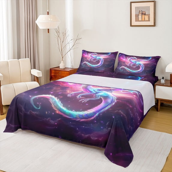 Erosebridal Dreamy Dragon Queen Sheet Sets for Kids, Purple Galaxy Bed Set, 1 Flat Sheet, 1 Fitted Sheet and 2 Pillowcases