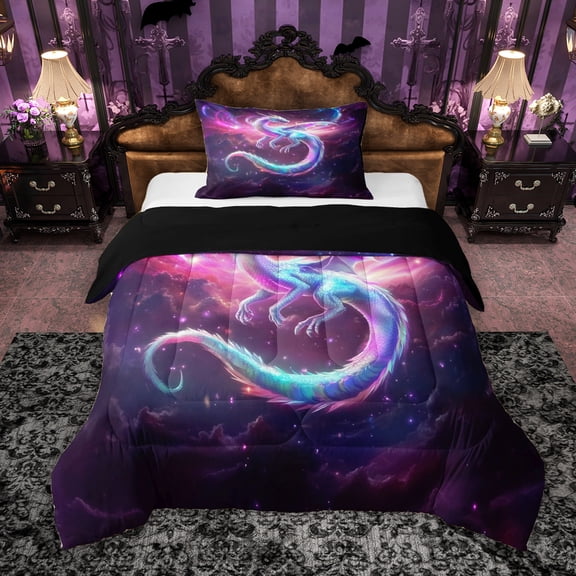Erosebridal Dreamy Dragon Twin Comforter Sets for Kids, Purple Galaxy Bedding Set, Black Reversible, 1 Comforter and 1 Pillowcase