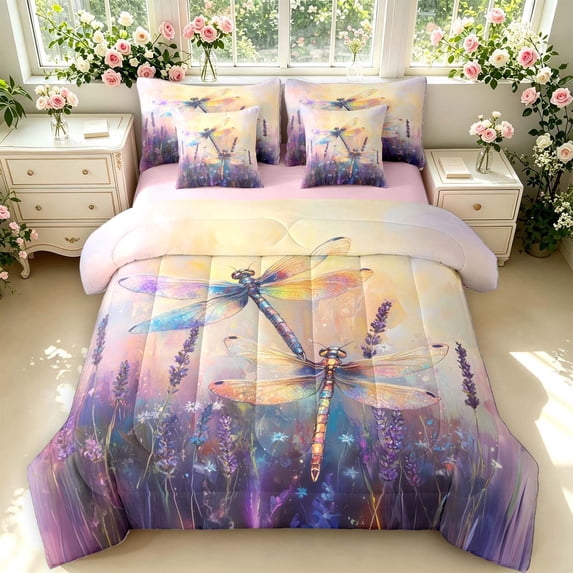 Erosebridal Dreamy Dragonfly 7 Pieces Full Size Bedding Sets,Graceful Floral Full Size Bed in a Bag,Purple Pink,Pink Reversible