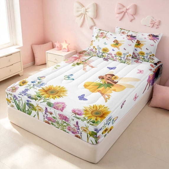 Erosebridal Dreamy Elf Zipper Twin Comforter Sets with Fitted Sheet and 2 Pillowcases for Girls, Sunflower Butterfly Zipper Bedding Set, Polka Dots Reversible