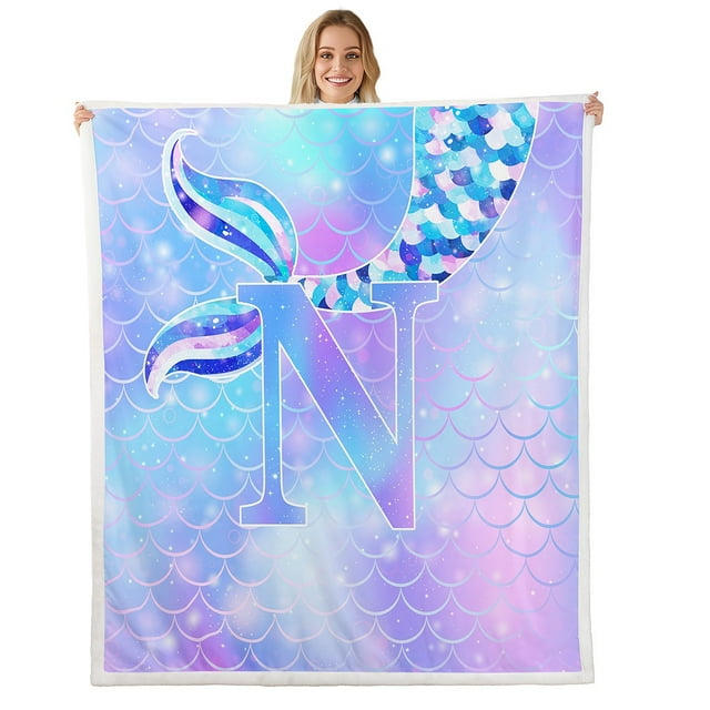 Erosebridal Dreamy Fishtail Sherpa Blanket, Monogrammed N Fuzzy Blanket Throw, Princess Style Decor, 30x40
