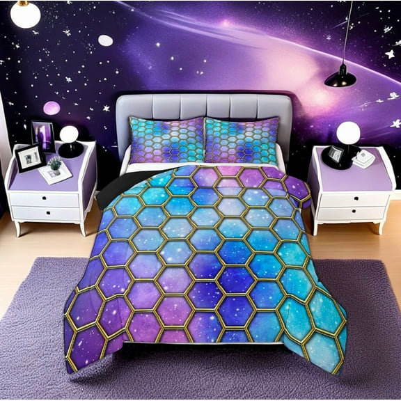 Erosebridal Dreamy Galaxy Cosmos Comforter Sets Twin Size, Geometric Honeycomb Hexagon Comforters & Duvets, REversible 2 Pieces, Lightweight