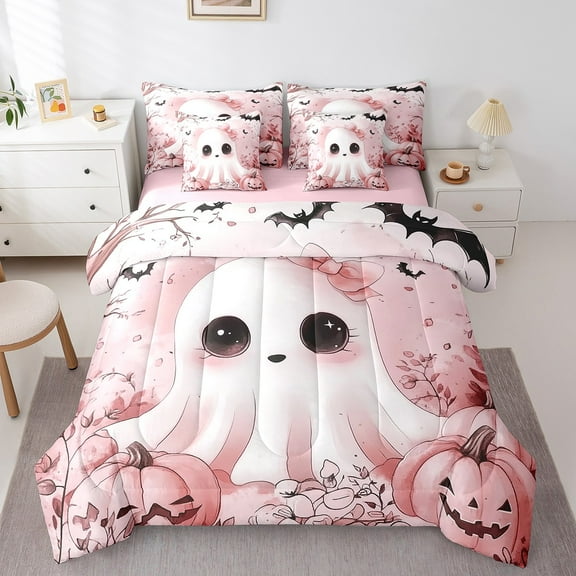 Erosebridal Dreamy Ghost Bedding Sets Queen Size, Cartoon Pumpkin Comforter Sets with Sheets, Princess Halloween Reversible Bedding Queen Size, Breathable Bedroom Decoration, 7pcs