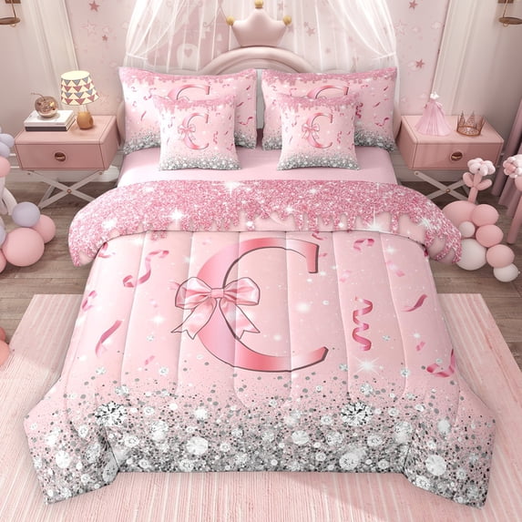 Erosebridal Dreamy Glitters Print Bedding Comforter Set for Girls, Pink Bling C Letter Queen Bedding Sets, Pink Reversible 7 Pieces