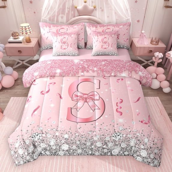 Erosebridal Dreamy Glitters Print Bedding Comforter Set for Girls, Pink Bling S Letter Full Bedding Set, Pink Reversible 7-Piece