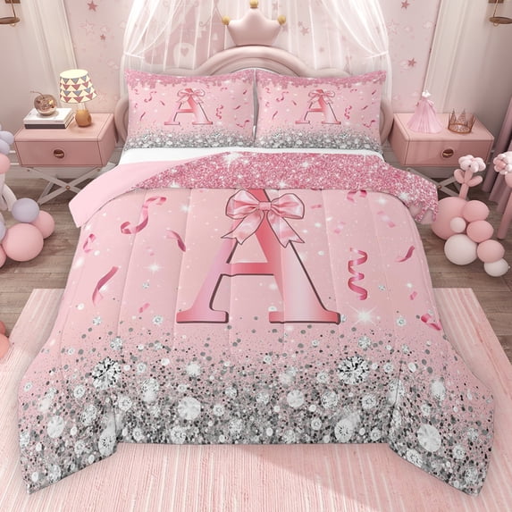 Erosebridal Dreamy Glitters Print Queen Comforter Set for Girls, Pink Bling A Letter Bedding Comforter Set, Pink Reversible 3-Piece, 1 Comforter and 2 Pillowcases