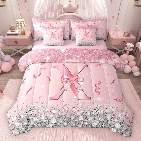 Erosebridal Dreamy Glitters Print Twin Bedding Sets for Girls, Pink Bling X Letter Bedding Comforter Set, Pink Reversible 7 Pieces