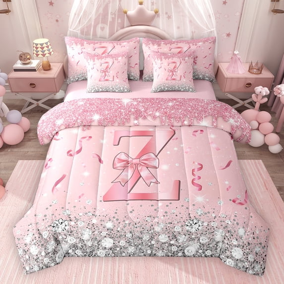 Erosebridal Dreamy Glitters Print Twin Bedding Sets for Girls, Pink Bling Z Letter Bedding Comforter Set, Pink Reversible 7pcs