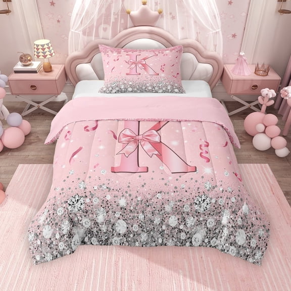 Erosebridal Dreamy Glitters Print Twin Comforter Sets for Girls, Pink Bling K Letter Bedding Set, Pink Reversible 2-Piece, 1 Comforter and 1 Pillowcase