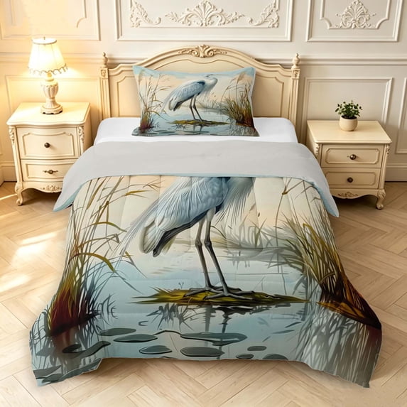 Erosebridal Dreamy Heron Bird Twin Comforter Sets,Retro Animals Bedding Set,Blue Green,Light Gray Reversible,2pcs,1 Comforter and 1 Pillowcase