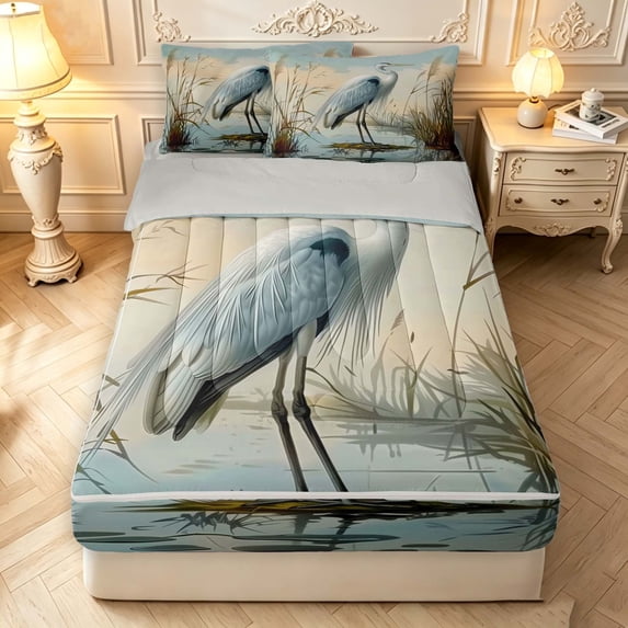 Erosebridal Dreamy Heron Bird Zipper Queen Comforter Set with Fitted Sheet and 2 Pillowcases,Retro Animals Zipper Bedding Set,Blue Green,Light Gray Reversible,4pcs