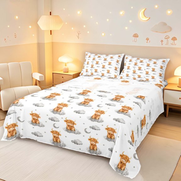 Erosebridal Dreamy Highland Cow Animals Bed Sheets,Cloud Moon Stars Full Size Sheets,4pcs,1 Flat Sheet,1 Fitted Sheet and 2 Pillowcases