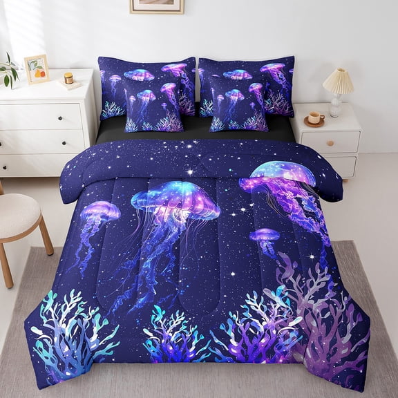 Erosebridal Dreamy Jellyfish Bed in a Bag Queen size, Psychedelic Galaxy Bed Set, Ocean Coral Reversible Bedding Queen Size, Breathable Bedroom Decorative, 7pcs