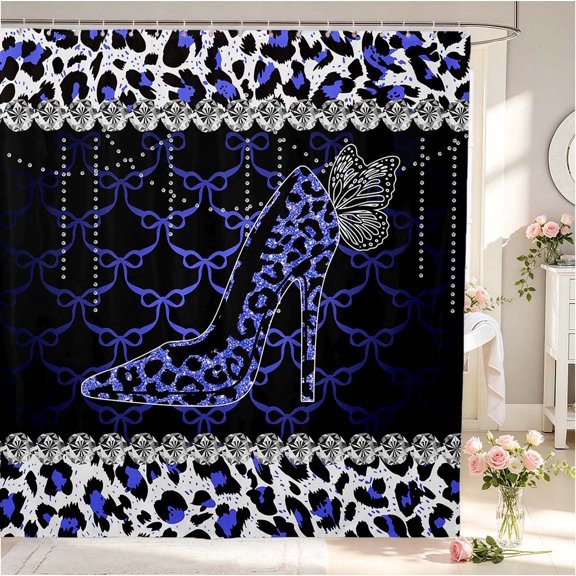 Erosebridal Dreamy Leopard High Heels Shower Curtain 72Wx78L,Bohemian Butterfly Bath Curtain,Blue Purple