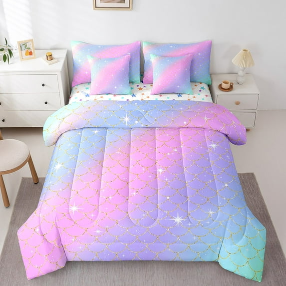 Erosebridal Dreamy Mermaid Bedding Sets Queen Size, Rainbow Comforter Sets with Sheets, Glitter Stars Decor, Reversible 7 Pieces