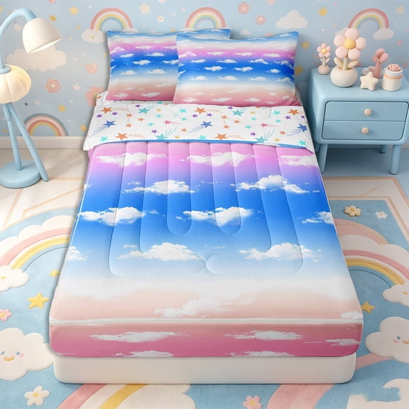 Erosebridal Dreamy Pastel Fluffy Cloud Pattern Zipper Twin Comforter Sets with Fitted Sheet and 2 Pillowcases,Gradient Sky Print Zipper Bedding Set,Pink Blue White,Reversible