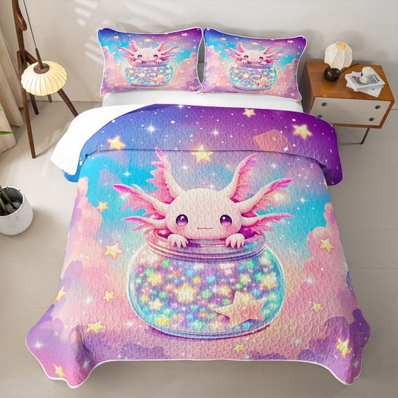 Erosebridal Dreamy Pink Axolotl Twin Quilt Set,Rainbow Stars Cloud Print Twin Coverlet Set For Girls,2 Pieces