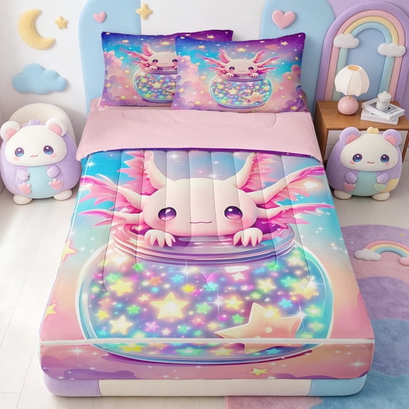 Erosebridal Dreamy Pink Axolotl Zipper Twin Comforter Sets with Fitted Sheet and 2 Pillowcases,Rainbow Stars Cloud Print Zipper Bedding Set For Girls,Pink Reversible,4pcs