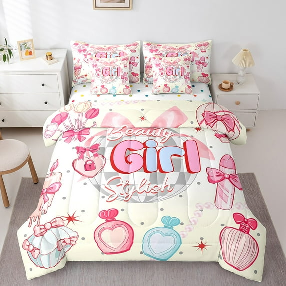 Erosebridal Dreamy Pink Bedding Twin Size, Princess Wishing Bottle Comforter Sets with Sheets, Disco Ball Room Decoration, Reversible 7pcs