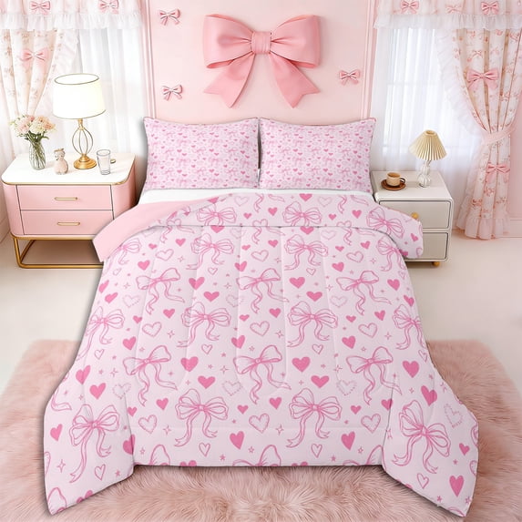 Erosebridal Dreamy Pink Bow Tie Full Size Comforter Sets 3 Pieces for Girls,Kids Teens Cartoon Love Heart Bedding Sets,Pink Reversible,Super Cozy Room Decor