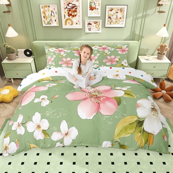 Erosebridal Dreamy Pink Flower Queen Duvet Cover Set for Girls, GreenBedding, Polka Dots Reversible, 3pcs 1 Duvet Cover and 2 Pillowcases, No Comforter
