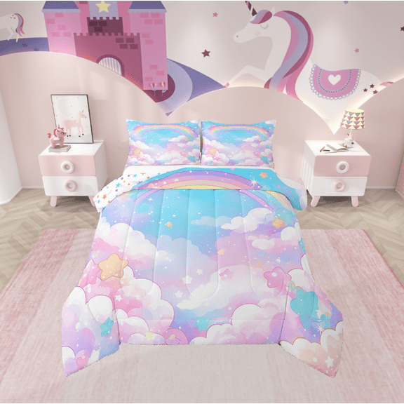 Erosebridal Dreamy Princess Bedding Sets Full With Comforter,Ombre Rainbow Duvet Insert,Cartoon Starry Sky Comforter Sets Full Size,Ultra Soft Kawaii Room Decorative,Reversible,3Pcs