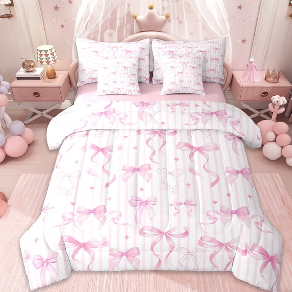 Erosebridal Dreamy Princess Bow Kids 7 Pieces Bedding Comforter Set,Cute Heart Print Pink Geometric Lines Full Bedding Set,Pink Reversible