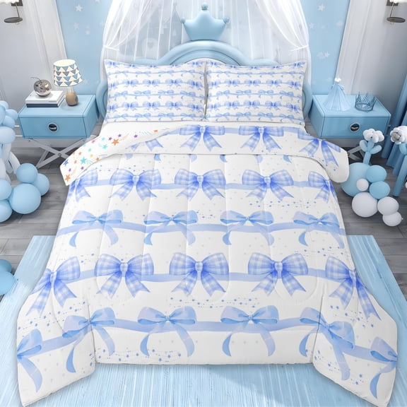 Erosebridal Dreamy Princess Bow Queen Comforter Set,Blue Bowknot Ribbon Bedding Comforter Set For Kids,Reversible,3pcs