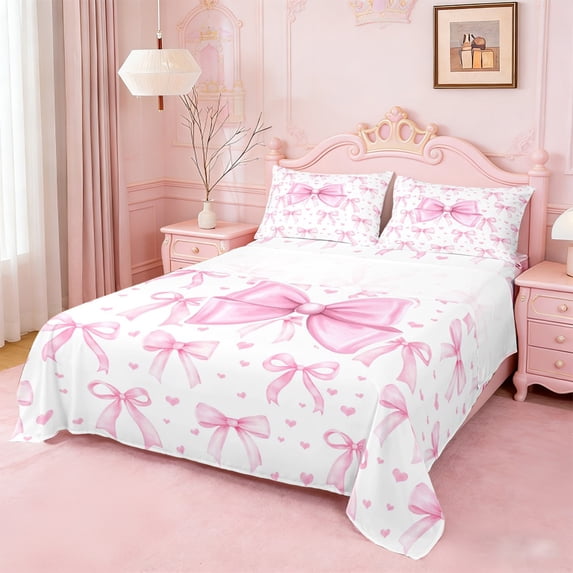 Erosebridal Dreamy Princess Bow Queen Sheet Sets For Girls,Pink Kawaii Heart Print Bed Set For Kids 4pcs