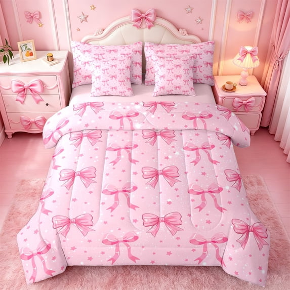 Erosebridal Dreamy Princess Bowknot 7-Piece Bedding Comforter Set For Girls,Pink Stars Pattern King Bedding Sets For Kids,Pink Reversible
