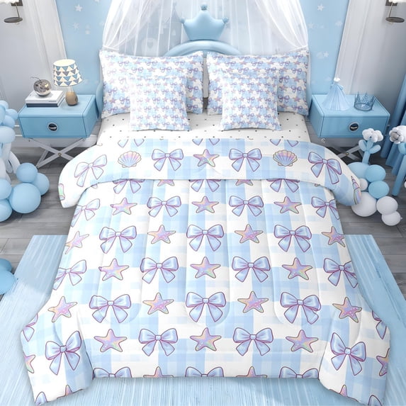 Erosebridal Dreamy Princess Bowknot 7-Piece Twin Bedding Sets,Girls Kawaii Stars Printed Bedding Comforter Set For Kids,Reversible