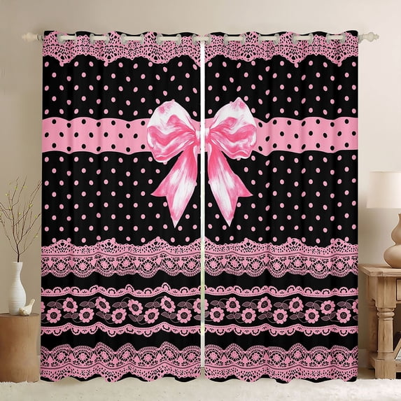 Erosebridal Dreamy Princess Bowknot Curtains Pack of 2 (42x84 Each),Pink Black Vintage Floral Curtains Blackout For Kids