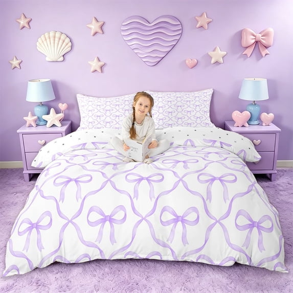 Erosebridal Dreamy Princess Bowknot Duvet Cover Set,Purple Bowtie Ribbon Bedding Full For Kids,Reversible,3pcs(No Comforter)