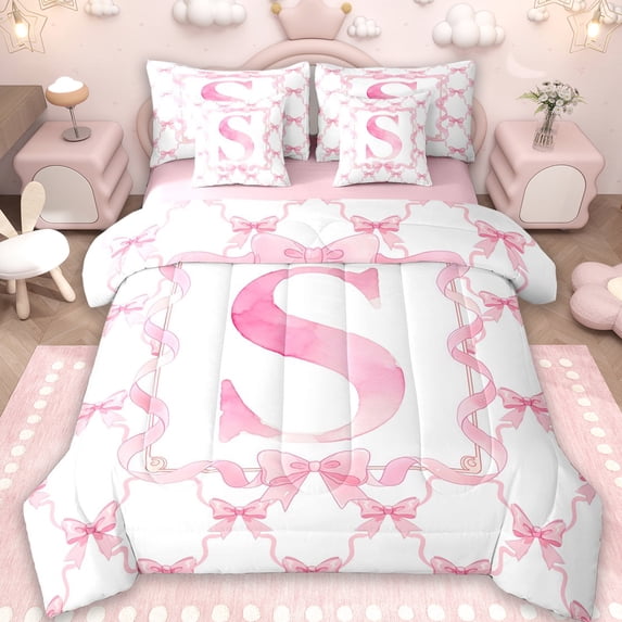 Erosebridal Dreamy Princess Bowknot Kids 7-Piece Bedding Comforter Set,Pink Letter S Print King Bedding Sets For Kids,Reversible pink