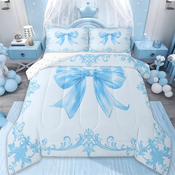 Erosebridal Dreamy Princess Bowknot Queen Comforter Set,Blue Vintage Damask Flower Bedding Comforter Set For Girls Kids,Reversible,3pcs