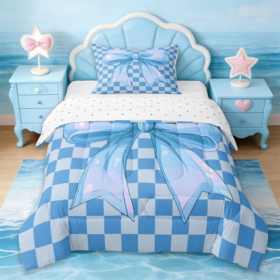 Erosebridal Dreamy Princess Bowknot Twin Comforter Sets,Blue Cute Bows Geometric Check Bedding Set For Kids,Reversible,2pcs