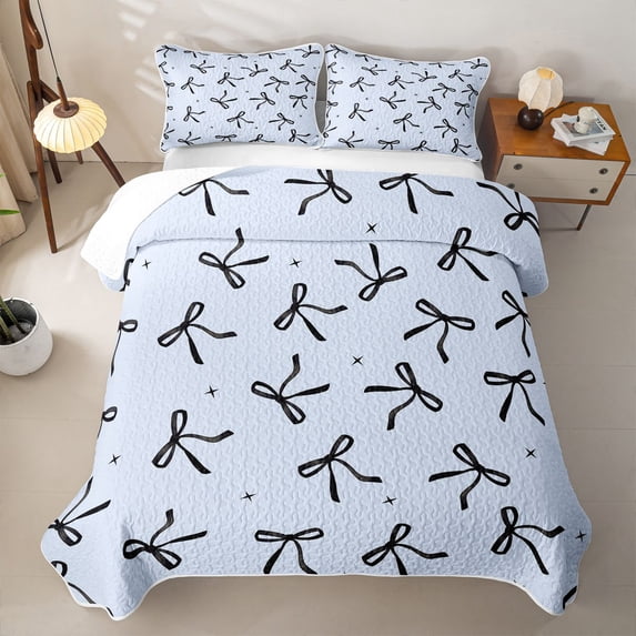 Erosebridal Dreamy Princess Bowknot Twin Quilt Set,Black Bowtie Ribbon Twin Coverlet Set For Kids,2 Pieces