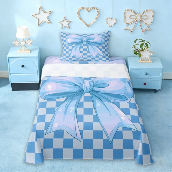Erosebridal Dreamy Princess Bowknot Twin Sheet Sets,Blue Cute Bows Geometric Check Bedding For Kids 3pcs