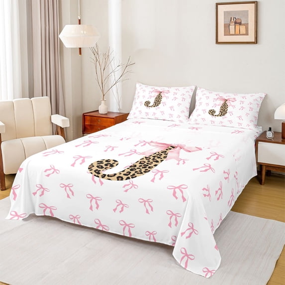Erosebridal Dreamy Princess Bowknots Queen Sheet Sets,Cheetah Pattern Monogrammed J Bed Set For Girly 4 Pieces