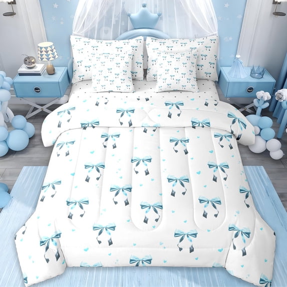 Erosebridal Dreamy Princess Bowtie 7-Piece Twin Bedding Sets,Blue Ribbon Bowknot Bedding Comforter Set For Kids Girls,Reversible